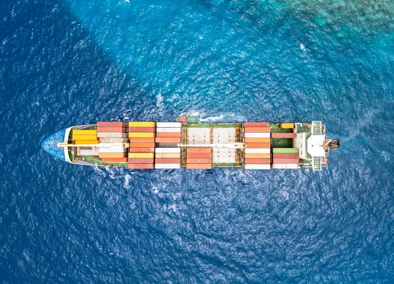 Aerial view of a container ship at sea
