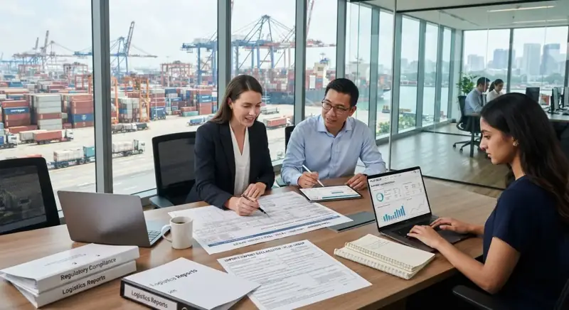 Colleagues reviewing logistics and compliance documents in an office overlooking a port