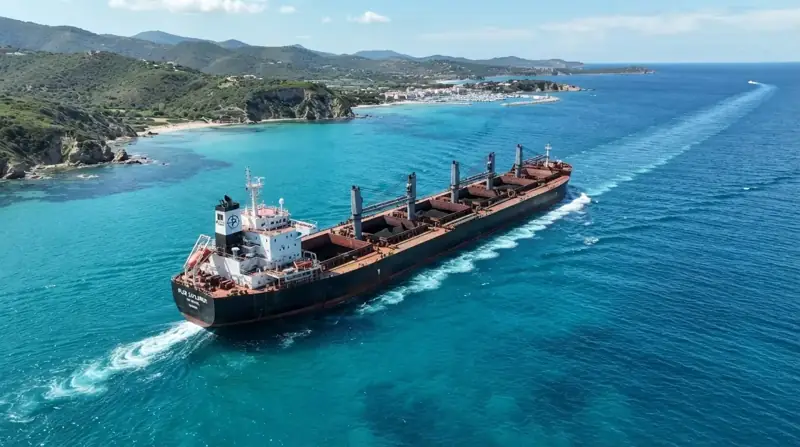 A cargo ship under way at sea