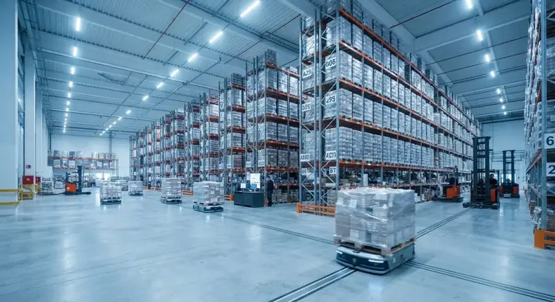A distribution warehouse with racked pallets and an automated pallet carrier
